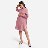 Left View of a Model wearing Pink Cotton Flax Shirt Dress