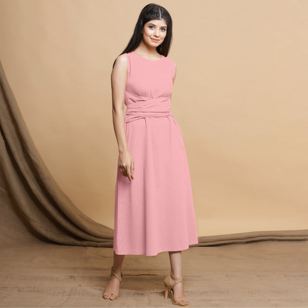 Pink Cotton Flax Sleeveless A-Line Midi Dress