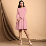 Pink Cotton Flax Square Neck Pleated Short Dress