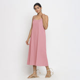 Front View of a Model wearing Pink Cotton Flax Strap Sleeve A-Line Dress
