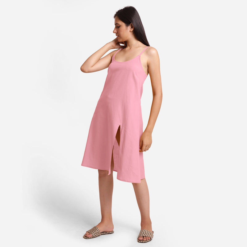 Left View of a Model wearing Pink Cotton Flax Strappy Slit Dress