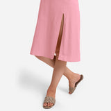 Front View of a Model wearing Pink Cotton Flax Strappy Slit Dress