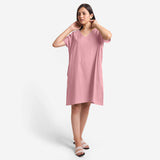 Front View of a Model wearing Pink Cotton Flax V-Neck Tunic