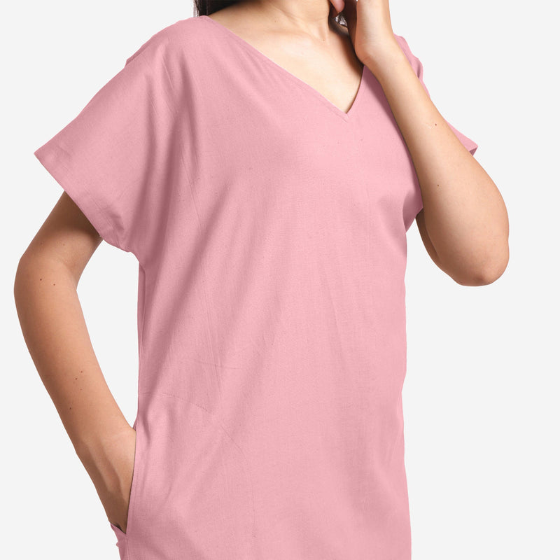 Front Detail of a Model wearing Pink Cotton Flax V-Neck Tunic