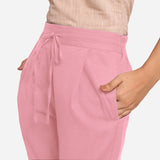 Front Detail of a Model wearing Pink Cotton Flax Wide Legged Pant