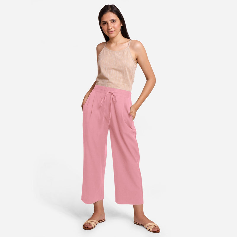Front View of a Model wearing Pink Cotton Flax Wide Legged Pant
