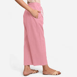 Right View of a Model wearing Pink Cotton Flax Wide Legged Pant