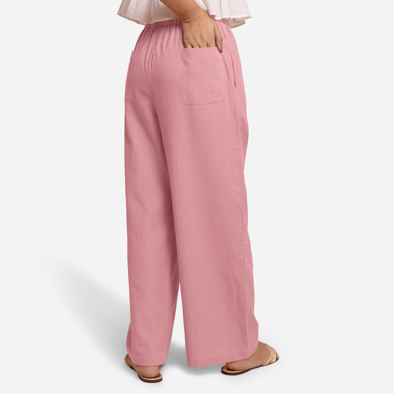 Back View of a Model wearing Pink Cotton Flax Wide Legged Straight Pant