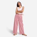 Front View of a Model wearing Pink Cotton Flax Wide Legged Straight Pant