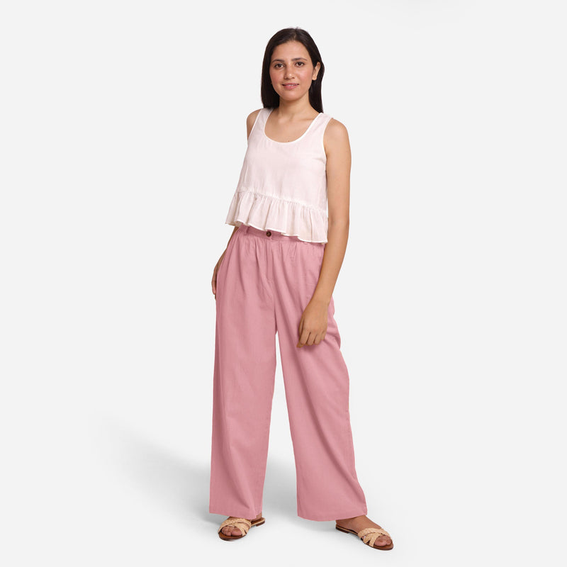 Front View of a Model wearing Pink Cotton Flax Wide Legged Straight Pant