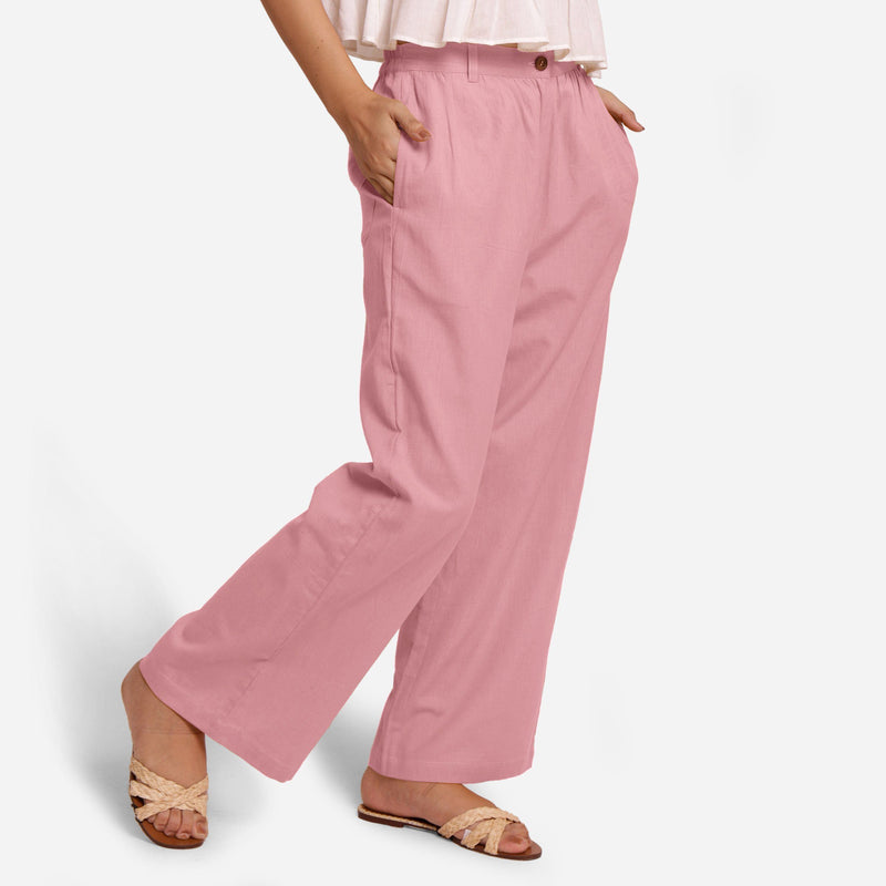 Right View of a Model wearing Pink Cotton Flax Wide Legged Straight Pant