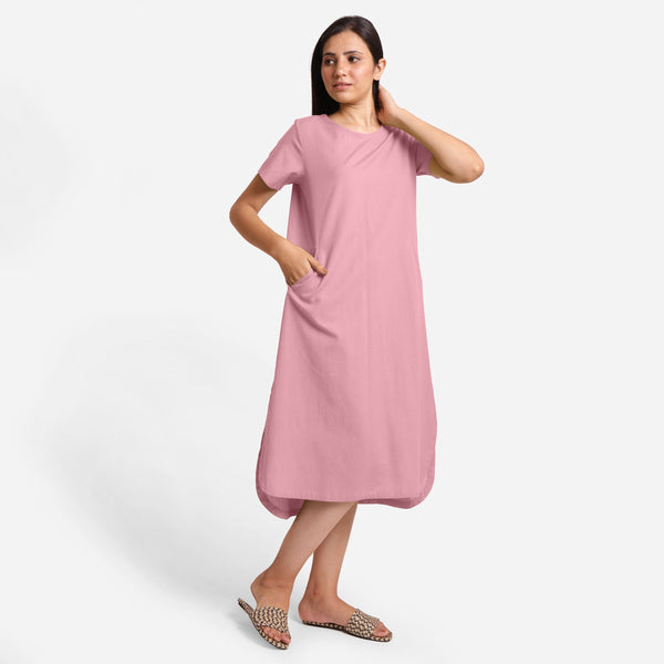 Front View of a Model wearing Pink Cotton Welt Pocket Shift Dress