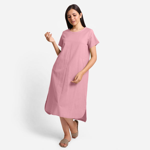 Front View of a Model wearing Pink Cotton Welt Pocket Shift Dress