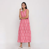 Front View of a Model wearing Pink Floral Dabu Block Print Cotton Maxi Dress