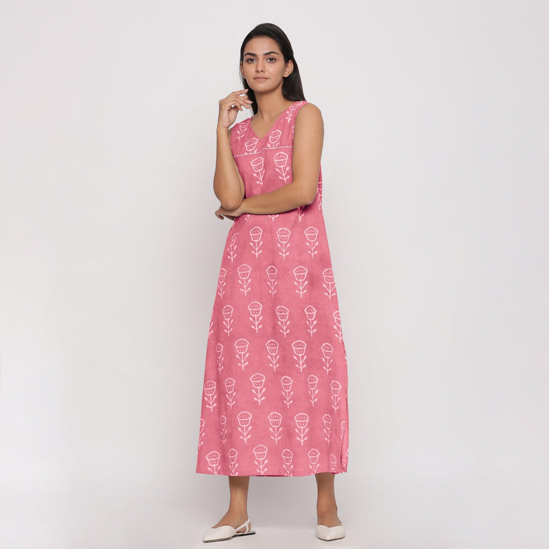 Front View of a Model wearing Pink Floral Dabu Block Print Cotton Maxi Dress
