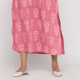 Close View of a Model wearing Pink Floral Dabu Block Print Cotton Maxi Dress