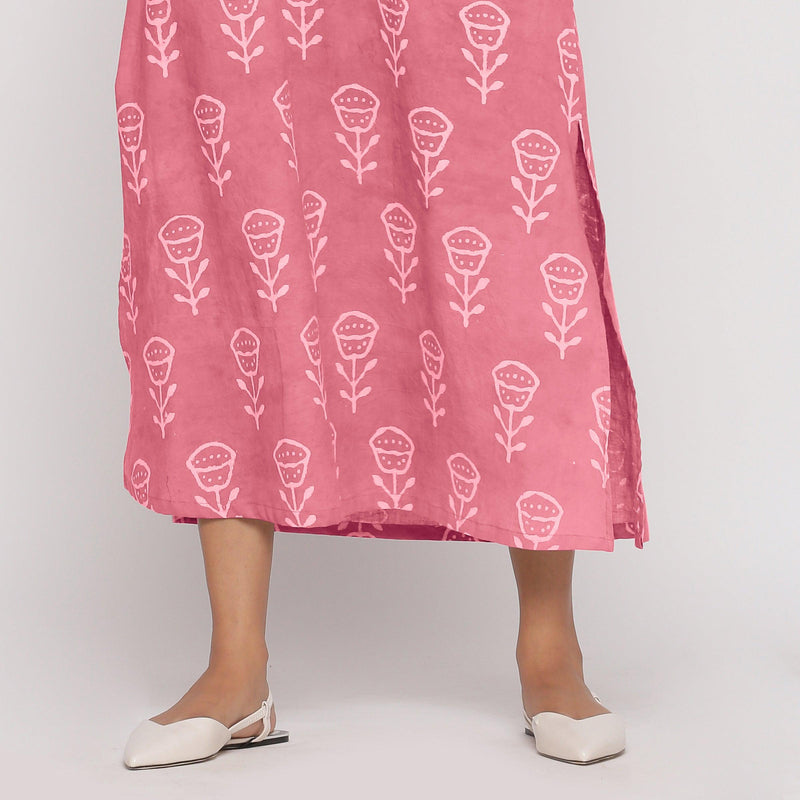 Close View of a Model wearing Pink Floral Dabu Block Print Cotton Maxi Dress