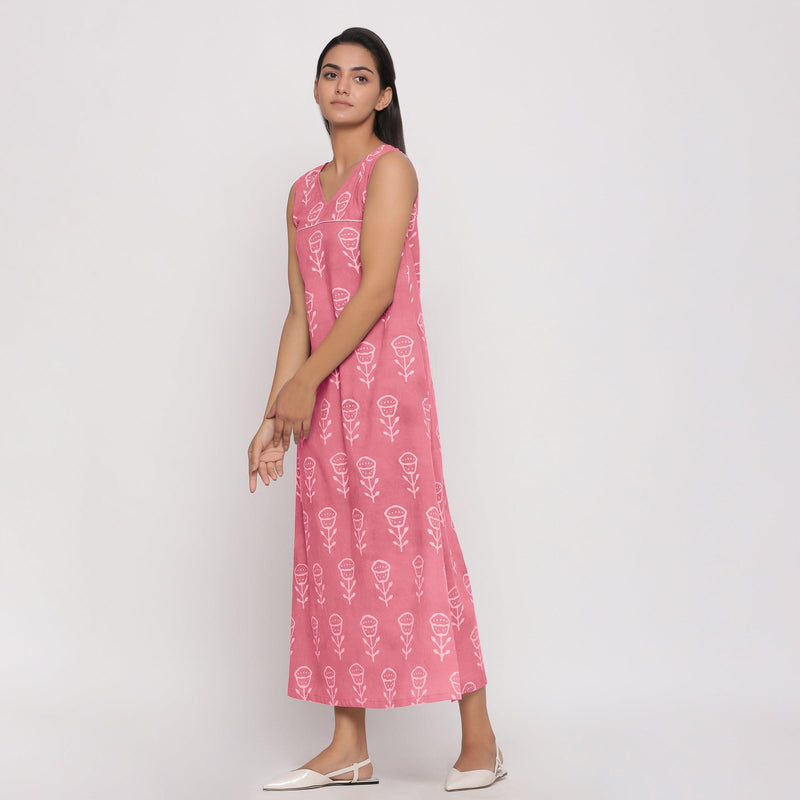Left View of a Model wearing Pink Floral Dabu Block Print Cotton Maxi Dress