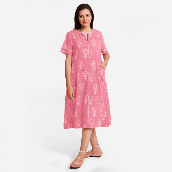 Front View of a Model wearing Pink Dabu Block Printed Cotton Midi Dress