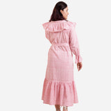 Back View of a Model wearing Pink Sanganeri Block Print A-Line Dress