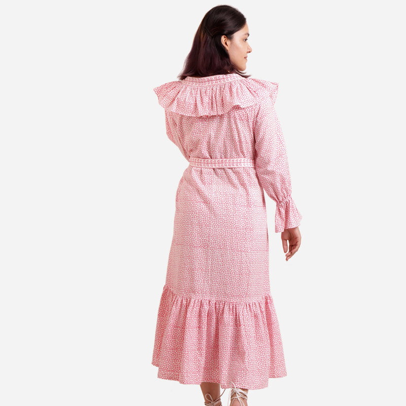 Back View of a Model wearing Pink Sanganeri Block Print A-Line Dress