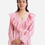Front Detail of a Model wearing Pink Sanganeri Block Print A-Line Dress
