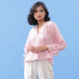 Front View of a Model wearing Pink Hand Block Printed Button-Down Blouse