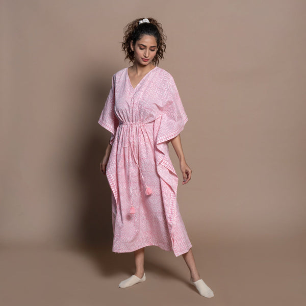 Front View of a Model wearing Pink Hand Block Printed Cotton Midi Kaftan Dress