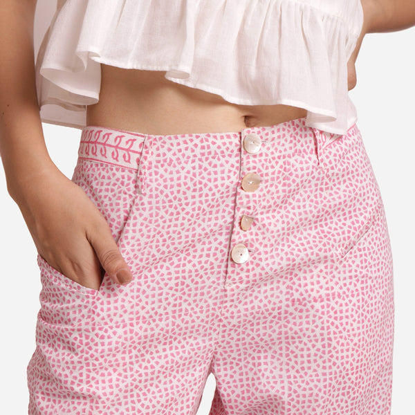 Front Detail of a Model wearing Pink Ditsy Block Printed Cotton Culottes