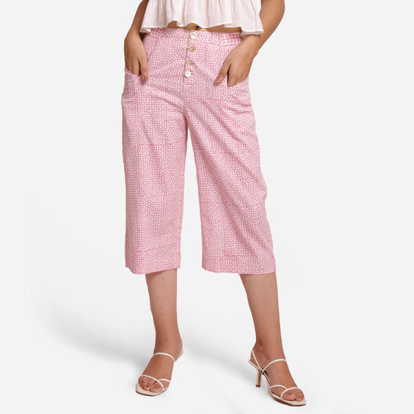 Front View of a Model wearing Pink Ditsy Block Printed Cotton Culottes