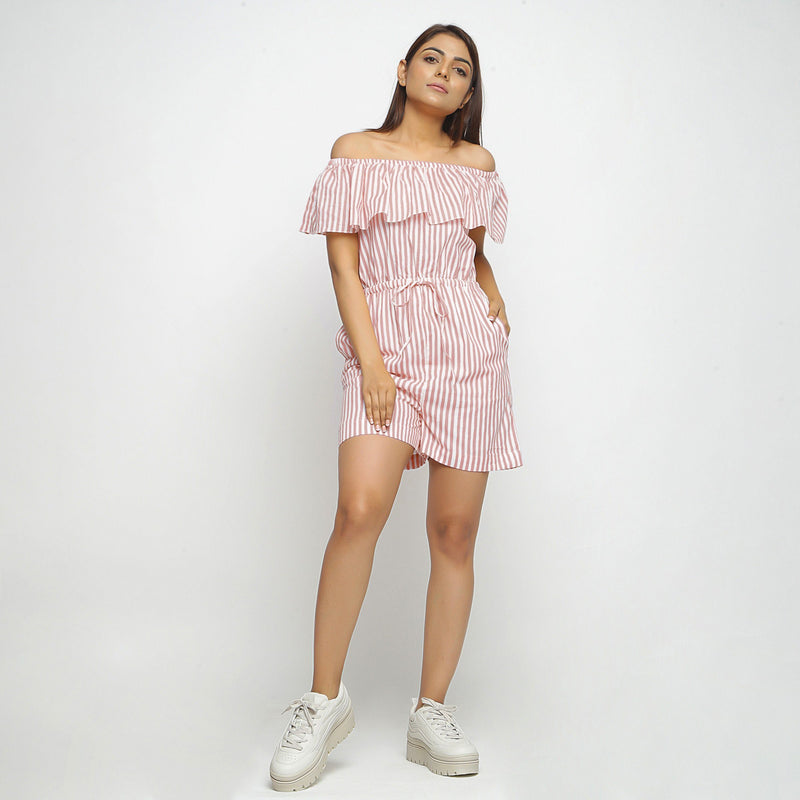 Front View of a Model wearing Pink Hand-Screen Print Playsuit