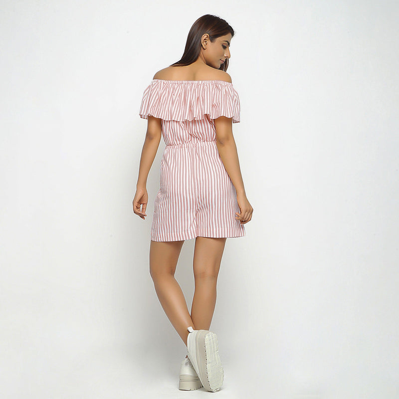Back View of a Model wearing Pink Hand-Screen Print Playsuit