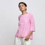 Front View of a Model wearing Pink Hand Tie-Dye Cotton Round Neck A-Line Top