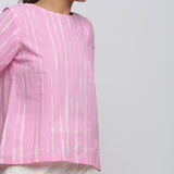 Front Detail of a Model wearing Pink Hand Tie-Dye Cotton Round Neck A-Line Top