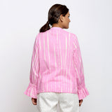 Back View of a Model wearing Pink Tie-Dye 100% Cotton Shirred Blouson Top