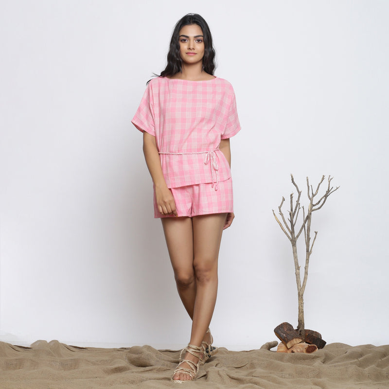 Front View of a Model wearing Pink Checks Handspun Cotton Muslin Loose Fit Boat Neck Top