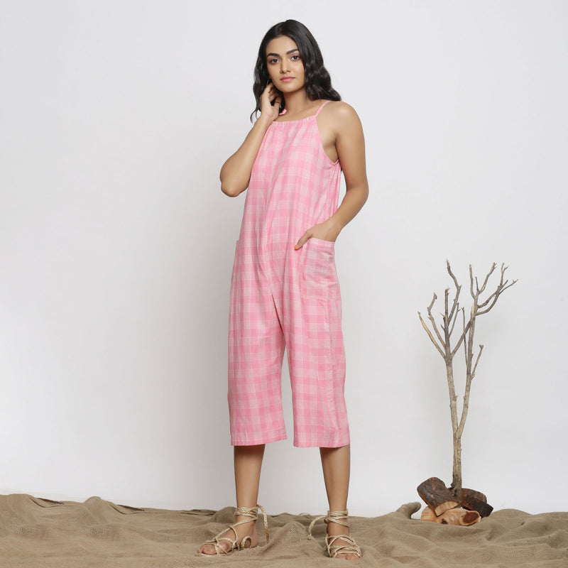 Front View of a Model wearing Pink Checks Handspun Cotton Strap Sleeve Midi Jumpsuit