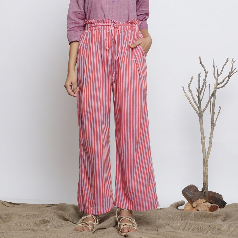 Front View of a Model wearing Pink Handspun Striped Paperbag Pant