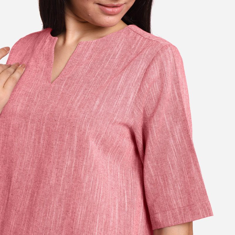 Front Detail of a Model wearing Pink Yarn Dyed Cotton High-Low Top