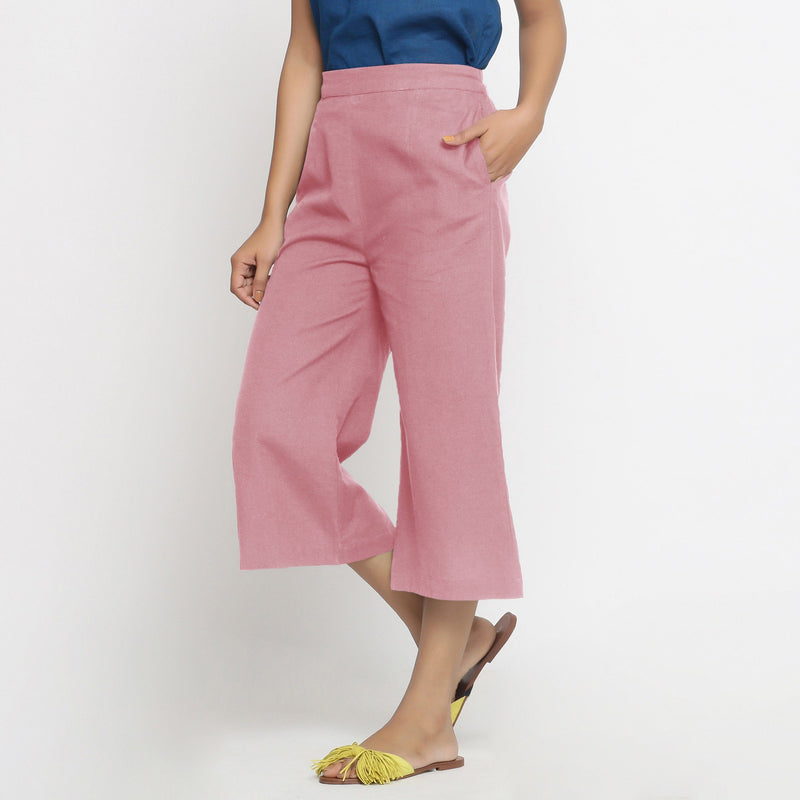 Left View of a Model wearing Pink Mid-Rise Cotton Flax Culottes