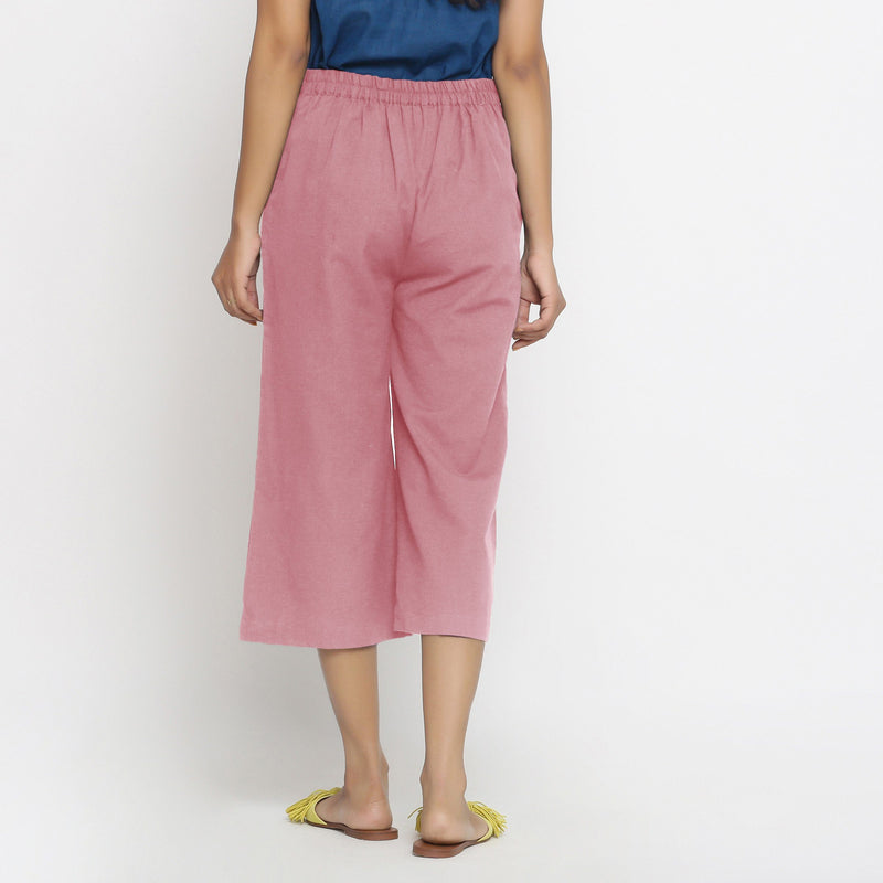 Back View of a Model wearing Pink Mid-Rise Cotton Flax Culottes