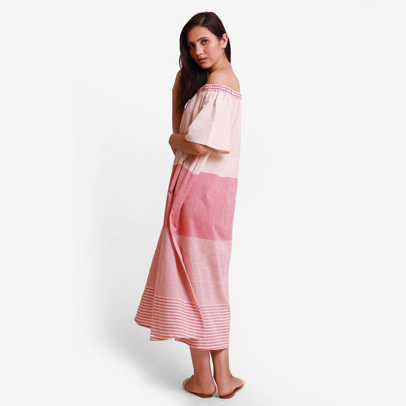 Left View of a Model wearing Pink Off Shoulder 100% Cotton Flared Maxi Dress