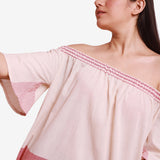 Front Detail of a Model wearing Pink Off Shoulder 100% Cotton Flared Maxi Dress