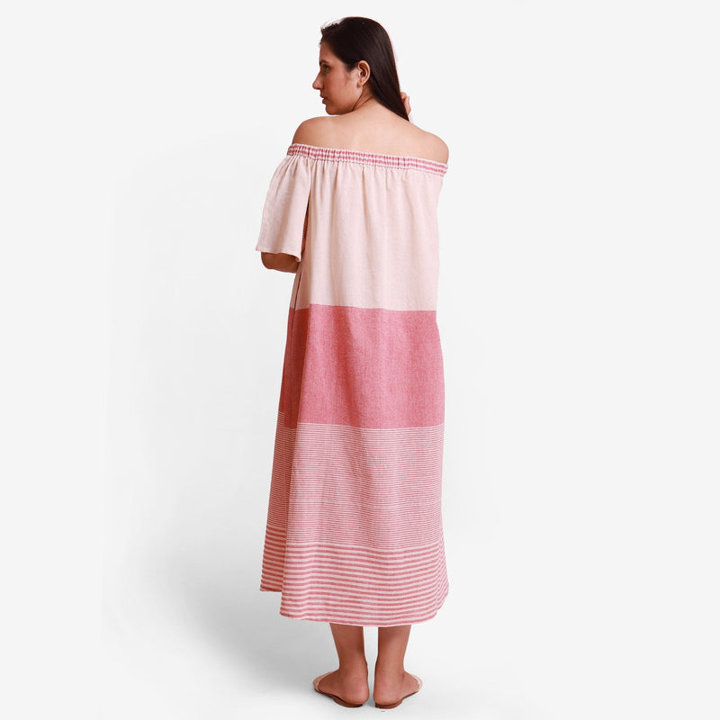 Back View of a Model wearing Pink Off Shoulder 100% Cotton Flared Maxi Dress