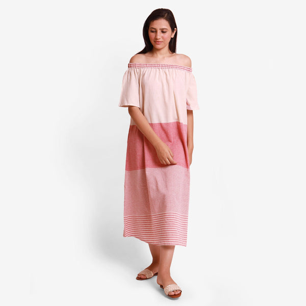 Front View of a Model wearing Pink Off Shoulder 100% Cotton Flared Maxi Dress