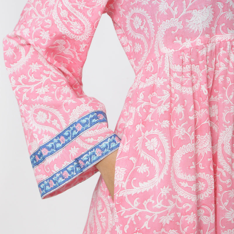 Right Detail of a Model wearing Pink Paisley Floor-Length Tier Dress