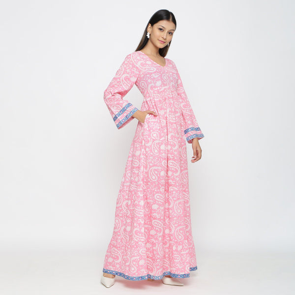 Right View of a Model wearing Pink Paisley Floor-Length Tier Dress