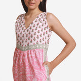 Front Detail of a Model wearing Pink Paisley Block Printed Ankle Length Cotton Jumpsuit