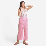 Front View of a Model wearing Pink Paisley Block Printed Ankle Length Cotton Jumpsuit