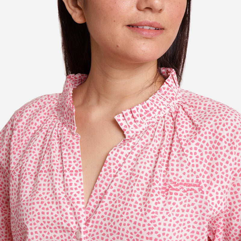 Front Detail of a Model wearing Pink Sanganeri Block Print Cotton Ruffled Collar Blouse